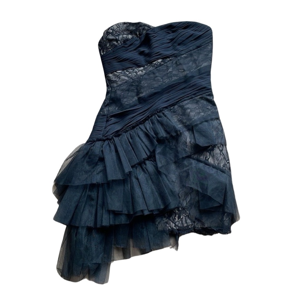 BCBGMAXAZRIA Runway Black Lace Chiffon Ruffle One Shoulder Dress Sz 6 - Picture 2 of 9